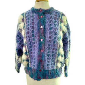 Sheleen Hand Crochet Dublin Mohair Wool Cardigan Sweater One Size Blue White